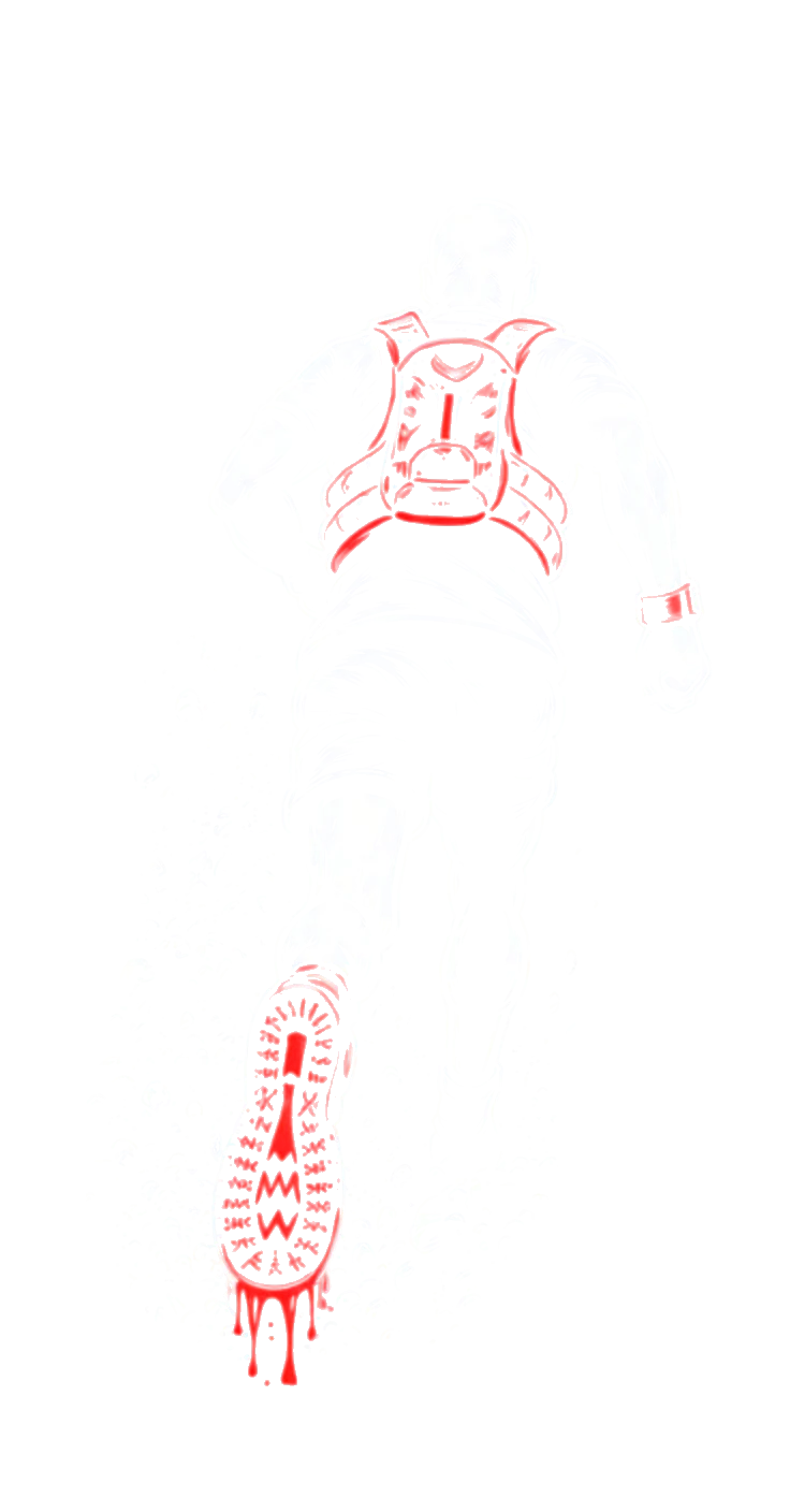Illustration of a fell runner seen from behind, kicking up stones